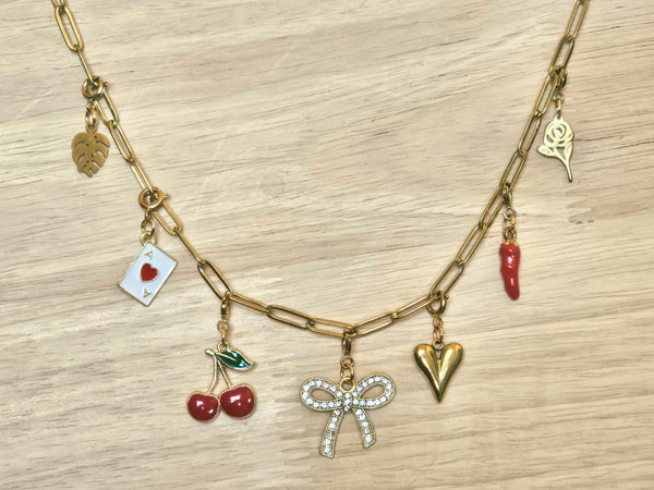 Gold Charm Necklace with Removable Beach Charms (Red/White) – Paperclip Chain Stainless Steel Layering Necklace – Interchangeable Clip-On Charms