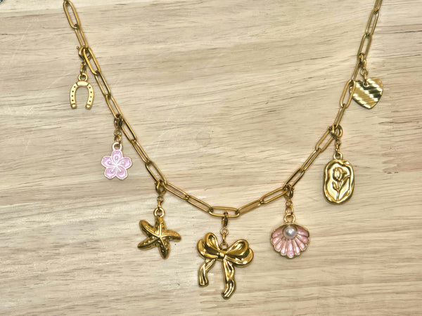 Gold Charm Necklace with Removable Beach Charms (Pink) – Paperclip Chain Stainless Steel Layering Necklace – Interchangeable Clip-On Charms