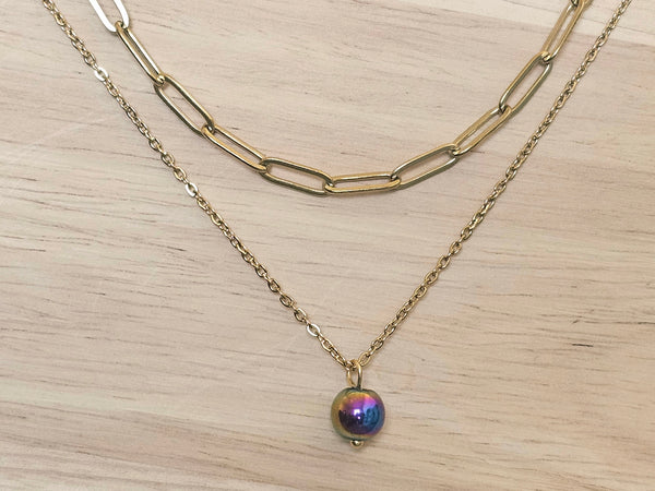 Gold Layered Paperclip Chain Necklace Set with Rainbow Hematite Pendant – 2 Piece Stackable Stainless Steel Necklaces