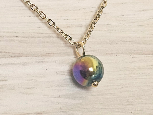 Gold Layered Paperclip Chain Necklace Set with Rainbow Hematite Pendant – 2 Piece Stackable Stainless Steel Necklaces