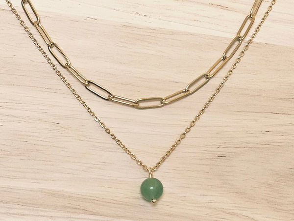Gold Layered Paperclip Chain Necklace Set with Green Aventurine Pendant – 2 Piece Stackable Stainless Steel Necklaces