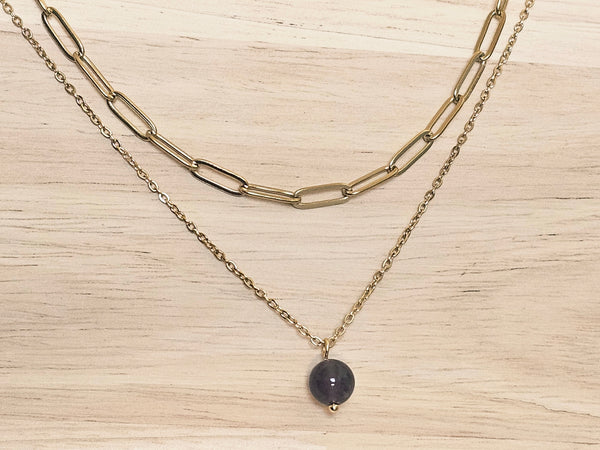 Gold Layered Paperclip Chain Necklace Set with Amethyst Pendant – 2 Piece Stackable Stainless Steel Necklaces