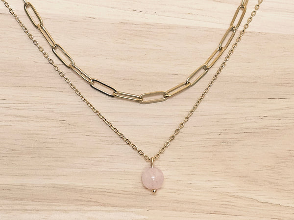 Gold Layered Paperclip Chain Necklace Set with Rose Quartz Pendant – 2 Piece Stackable Stainless Steel Necklaces