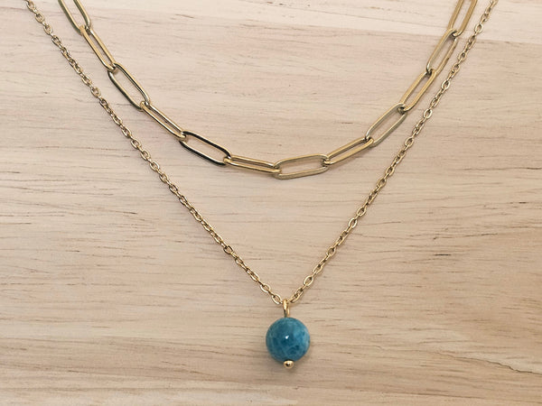 Gold Layered Paperclip Chain Necklace Set with Blue Apatite Pendant – 2 Piece Stackable Stainless Steel Necklaces