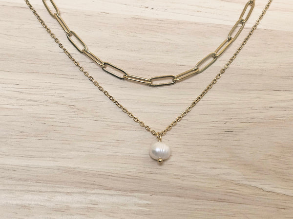 Gold Layered Paperclip Chain Necklace Set with Freshwater Pearl Pendant – 2 Piece Stackable Stainless Steel Necklaces