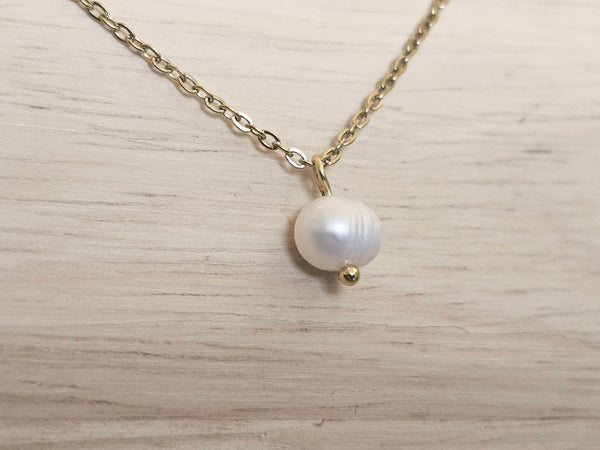 Gold Layered Paperclip Chain Necklace Set with Freshwater Pearl Pendant – 2 Piece Stackable Stainless Steel Necklaces