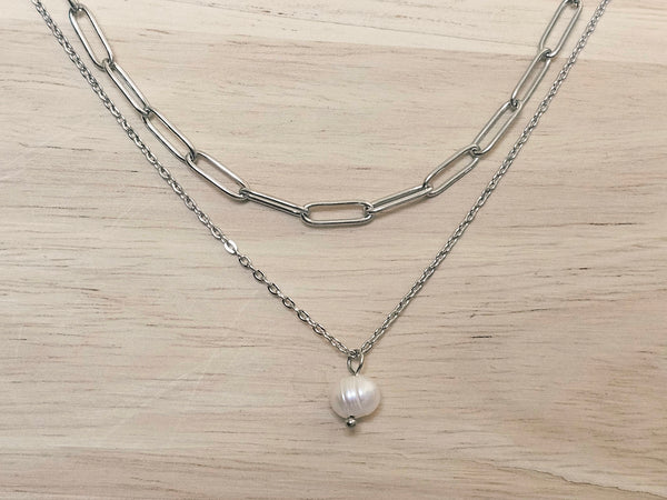 Silver Layered Paperclip Chain Necklace Set with Freshwater Pearl Pendant – 2 Piece Stackable Stainless Steel Necklaces