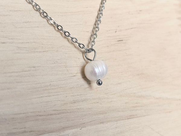 Silver Layered Paperclip Chain Necklace Set with Freshwater Pearl Pendant – 2 Piece Stackable Stainless Steel Necklaces