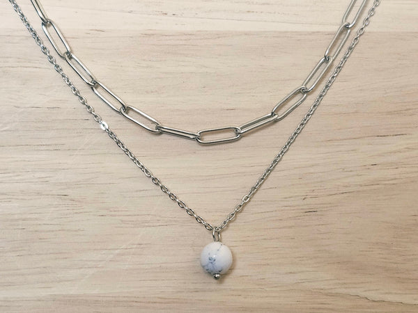 Silver Layered Paperclip Chain Necklace Set with White Howlite Pendant – 2 Piece Stackable Stainless Steel Necklaces