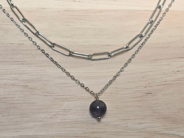 Silver Layered Paperclip Chain Necklace Set with Amethyst Pendant – 2 Piece Stackable Stainless Steel Necklaces