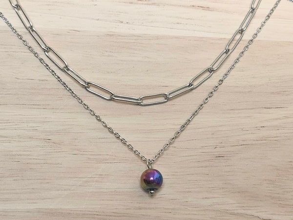 Silver Layered Paperclip Chain Necklace Set with Rainbow Hematite Pendant – 2 Piece Stackable Stainless Steel Necklaces