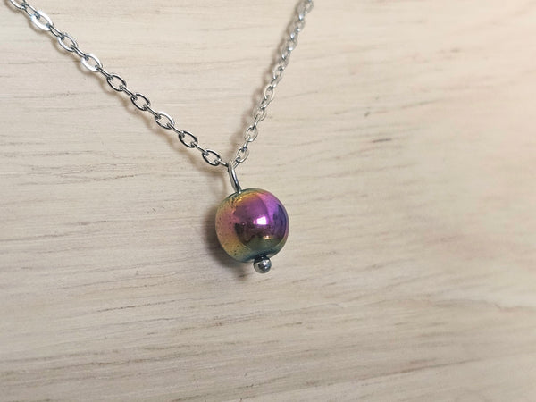 Silver Layered Paperclip Chain Necklace Set with Rainbow Hematite Pendant – 2 Piece Stackable Stainless Steel Necklaces