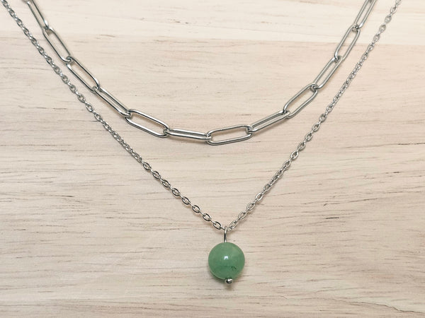 Silver Layered Paperclip Chain Necklace Set with Green Aventurine Pendant – 2 Piece Stackable Stainless Steel Necklaces