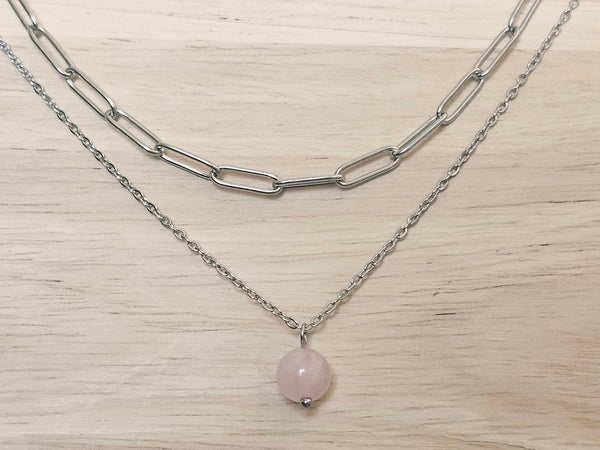 Silver Layered Paperclip Chain Necklace Set with Rose Quartz Pendant – 2 Piece Stackable Stainless Steel Necklaces