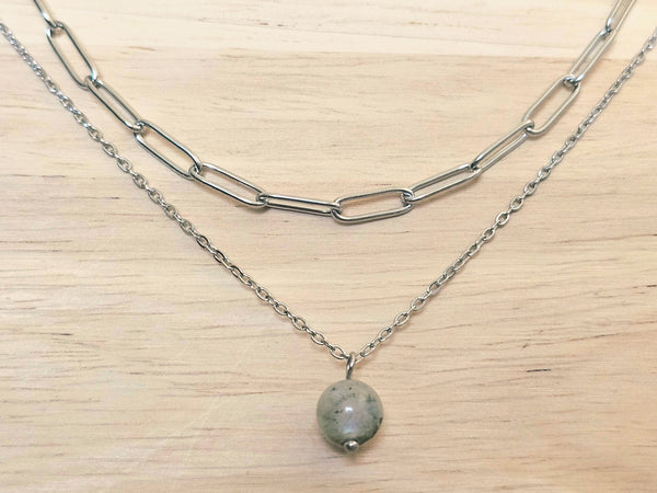 Silver Layered Paperclip Chain Necklace Set with Moonstone Pendant – 2 Piece Stackable Stainless Steel Necklaces