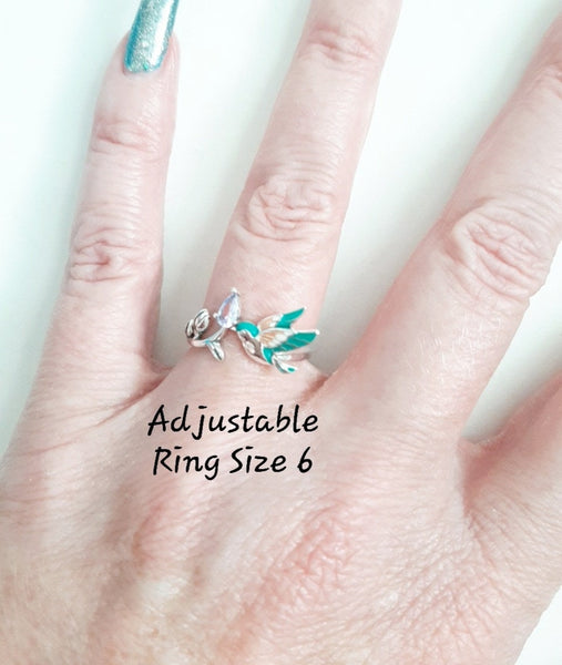 Yarn Tension Ring Colorful Hummingbird & Flower Adjustable Size 6-10 Crochet Ring Silver Plated Beginner Knitting Crochet Gift Yarn Guide