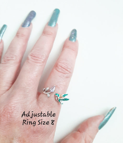 Yarn Tension Ring Colorful Hummingbird & Flower Adjustable Size 6-10 Crochet Ring Silver Plated Beginner Knitting Crochet Gift Yarn Guide