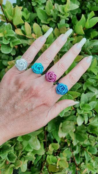 Wire Wrapped Women's Large Swirl Flower Rose Ring Non-Tarnish Rosette Aluminum Ring Silver Pink Blue Sizes 4-12