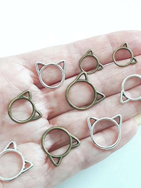 Kitty Cat Ears 3 Sizes Knitting Stitch Markers 25pc Set Antique Brass Antique Silver Seamless No Snag Progress Keepers Metal Storage Tin
