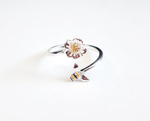 Sterling Silver Adjustable Ring - Flower and Bee Ring