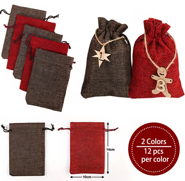DIY Advent Calendar Rustic Burlap Drawstring Bags – 24 Bag and Numbered Set (Red & Brown) Reusable Christmas Countdown Gift Bags