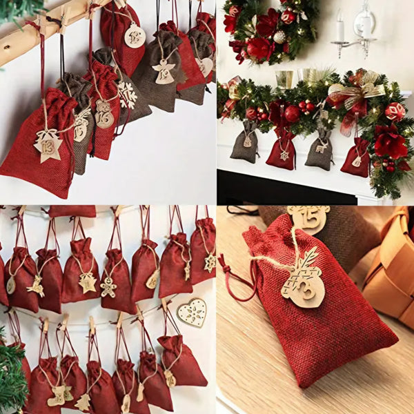 DIY Advent Calendar Rustic Burlap Drawstring Bags – 24 Bag and Numbered Set (Red & Brown) Reusable Christmas Countdown Gift Bags