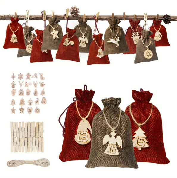 DIY Advent Calendar Rustic Burlap Drawstring Bags – 24 Bag and Numbered Set (Red & Brown) Reusable Christmas Countdown Gift Bags