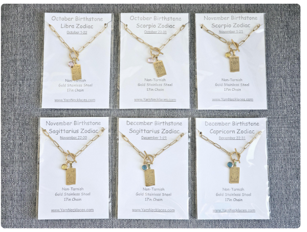 Zodiac Sign & Birthstone Necklace Constellation Tarot Card Pendant Gold Birth Month Charm on Paperclip Chain Toggle Clasp Necklace Gift