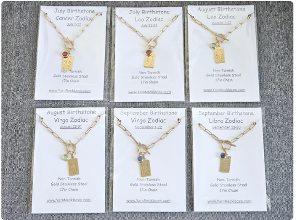 Zodiac Sign & Birthstone Necklace Constellation Tarot Card Pendant Gold Birth Month Charm on Paperclip Chain Toggle Clasp Necklace Gift