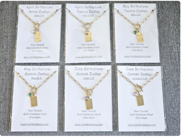 Zodiac Sign & Birthstone Necklace Constellation Tarot Card Pendant Gold Birth Month Charm on Paperclip Chain Toggle Clasp Necklace Gift