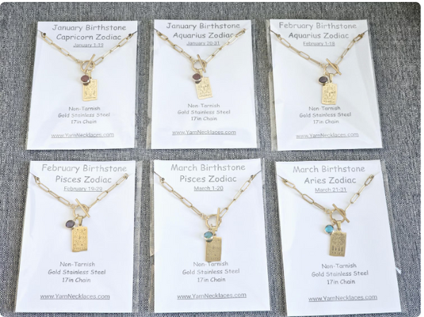 Zodiac Sign & Birthstone Necklace Constellation Tarot Card Pendant Gold Birth Month Charm on Paperclip Chain Toggle Clasp Necklace Gift