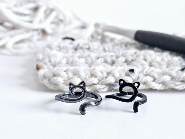Gun Metal and Black Kitty Cat Yarn Ring Cat Ears Adjustable Size 6-9 Crochet Ring Beginner Knitting Gift Crochet Tension Regulator Tool