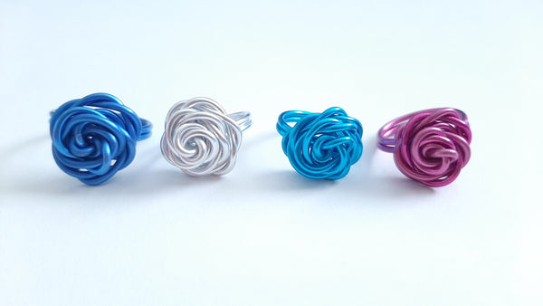 Wire Wrapped Women's Large Swirl Flower Rose Ring Non-Tarnish Rosette Aluminum Ring Silver Pink Blue Sizes 4-12