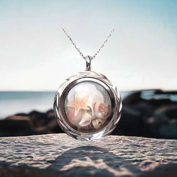 Seashell Locket with 18 + 2" Chain or 30" Chain - Round Stainless Steel Solid Bezel