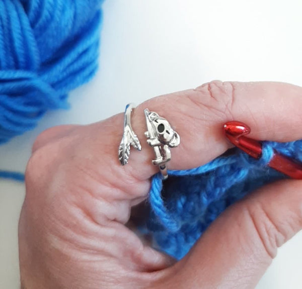 Silver Color Yarn Koala Bear in a Tree Adjustable Size Crochet Ring Size 6-12 Farm Animal Beginner Knitting Gift Tension Regulator Tool