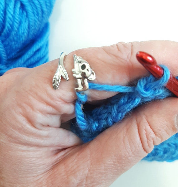 Silver Color Yarn Koala Bear in a Tree Adjustable Size Crochet Ring Size 6-12 Farm Animal Beginner Knitting Gift Tension Regulator Tool