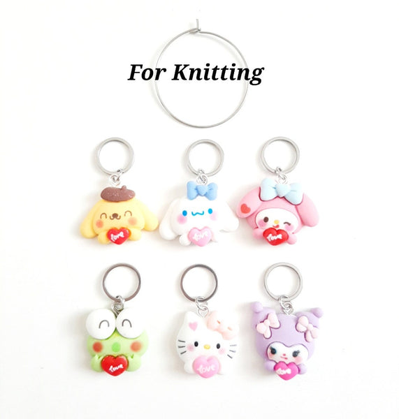 Kawaii Happy Kitty, Frog, Bunny Friends Crochet and Knitting Set of 6 Detachable Place Marker Progress Keepers Yarn Gifts Accessories