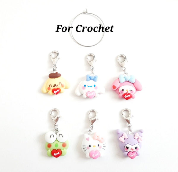 Kawaii Happy Kitty, Frog, Bunny Friends Crochet and Knitting Set of 6 Detachable Place Marker Progress Keepers Yarn Gifts Accessories