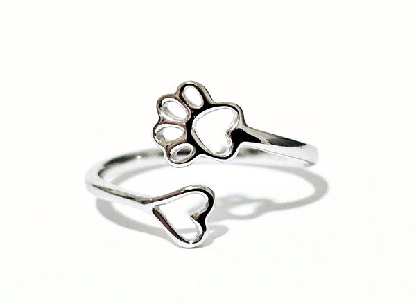 Sterling Silver Yarn Ring Paw Print and Heart Adjustable Size Crochet Ring Beginner Knitting Crocheting Gift Crochet Tension Regulator Tool
