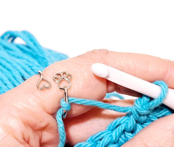 Sterling Silver Yarn Ring Paw Print and Heart Adjustable Size Crochet Ring Beginner Knitting Crocheting Gift Crochet Tension Regulator Tool