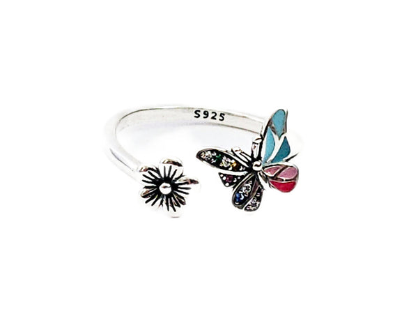 Solid 925 Sterling Silver Yarn Ring Colorful Butterfly Flower Adjustable Resizeable 7-10 Crochet Ring Beginner Knit Gift Yarn Guide Tool