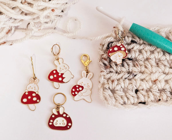 Mushrooms and Bunny Stitch Markers Set of 5 Rabbit Knitting Crochet Stitch Marker Progress Keepers Stitch Counter Place Marker