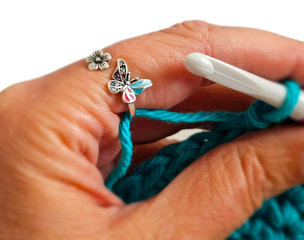 Solid 925 Sterling Silver Yarn Ring Colorful Butterfly Flower Adjustable Resizeable 7-10 Crochet Ring Beginner Knit Gift Yarn Guide Tool