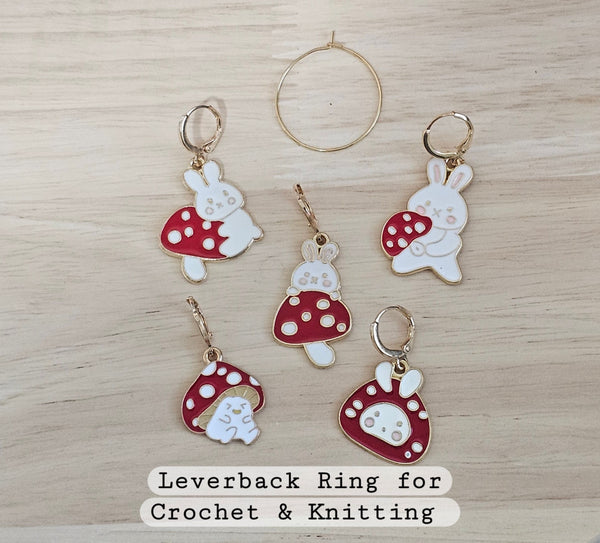 Mushrooms and Bunny Stitch Markers Set of 5 Rabbit Knitting Crochet Stitch Marker Progress Keepers Stitch Counter Place Marker