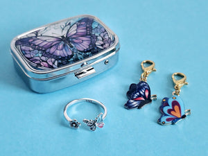 Mini Crochet Storage Case Sterling Silver Butterfly Yarn Tension Ring & Stitch Markers Crochet Gift Set for Knitter Butterfly Tin Pill Box