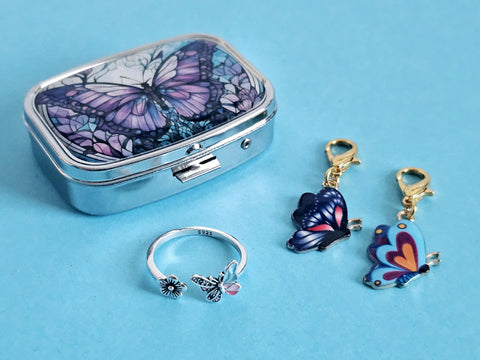 Mini Crochet Storage Case Sterling Silver Butterfly Yarn Tension Ring & Stitch Markers Crochet Gift Set for Knitter Butterfly Tin Pill Box