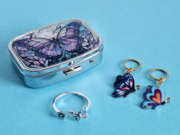 Mini Crochet Storage Case Sterling Silver Butterfly Yarn Tension Ring & Stitch Markers Crochet Gift Set for Knitter Butterfly Tin Pill Box