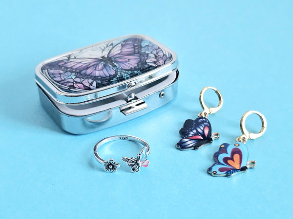 Mini Crochet Storage Case Sterling Silver Butterfly Yarn Tension Ring & Stitch Markers Crochet Gift Set for Knitter Butterfly Tin Pill Box