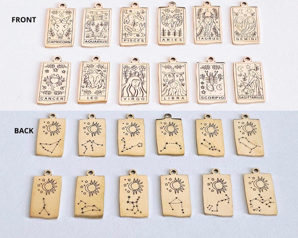 Zodiac Sign & Birthstone Necklace Constellation Tarot Card Pendant Gold Birth Month Charm on Paperclip Chain Toggle Clasp Necklace Gift