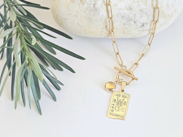 Zodiac Sign & Birthstone Necklace Constellation Tarot Card Pendant Gold Birth Month Charm on Paperclip Chain Toggle Clasp Necklace Gift